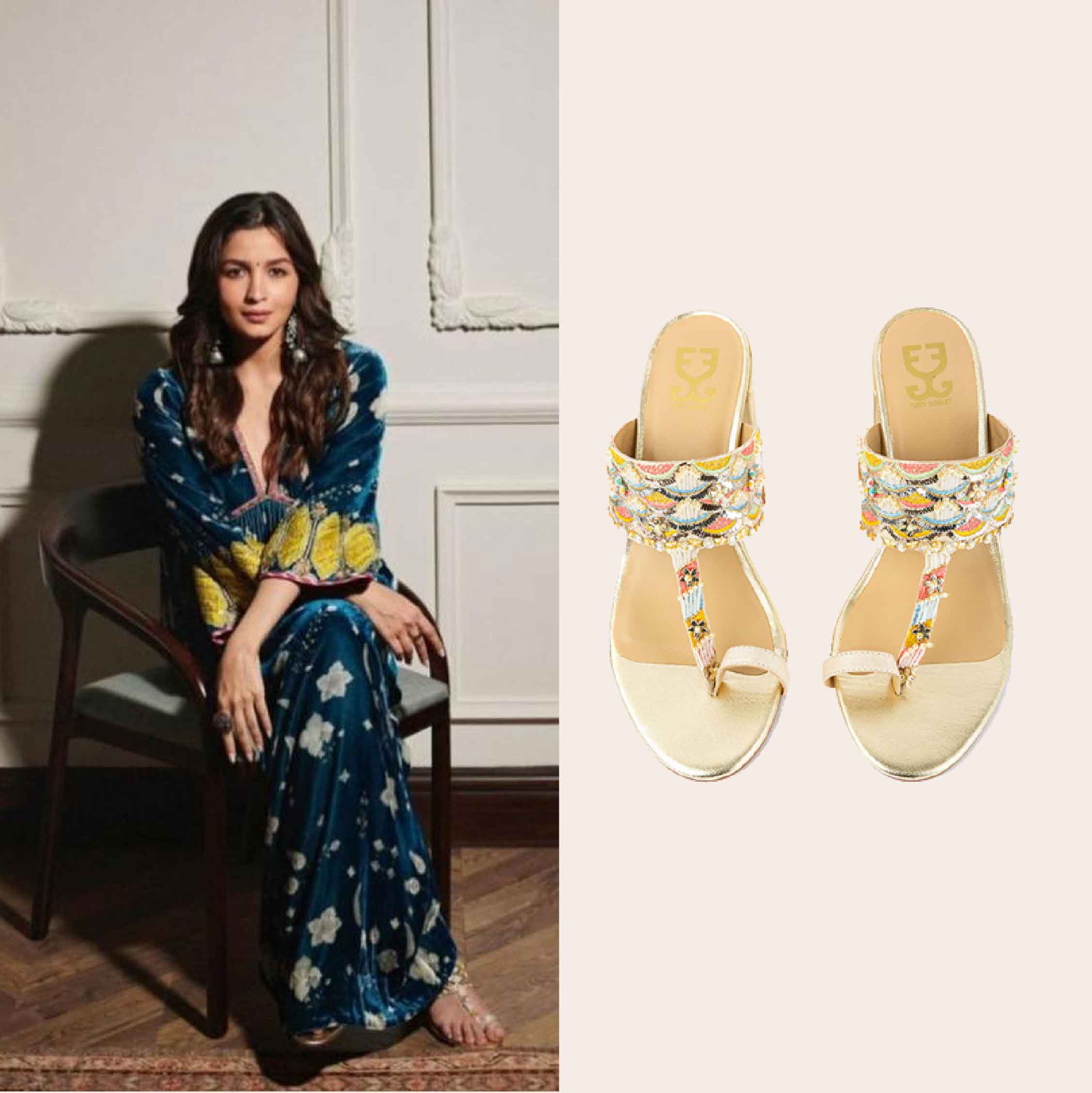 Alia Bhatt in Gold Struck Kolha Block Heels (Limited edition)