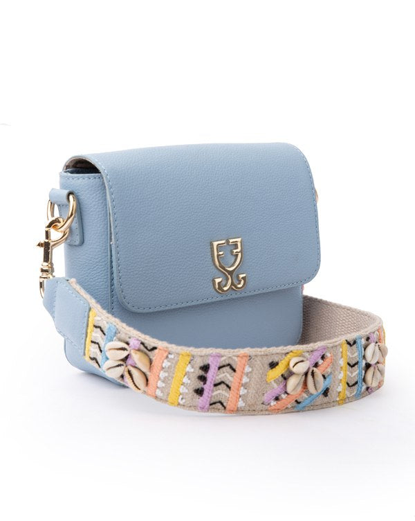 Mini Goblet Crossbody Leather Stone Blue with Embroidered Strap