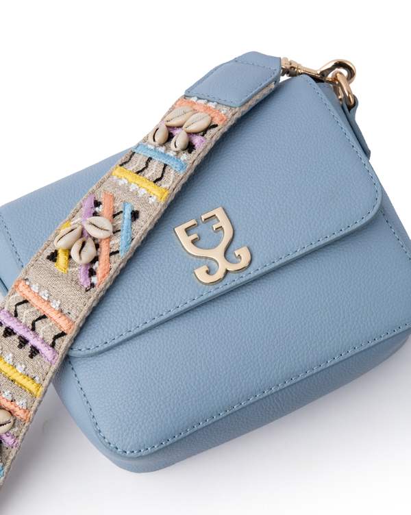 Mini Goblet Crossbody Leather Stone Blue with Embroidered Strap