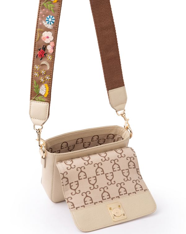 Mini Goblet Crossbody Leather  Cream with Embroidered Strap