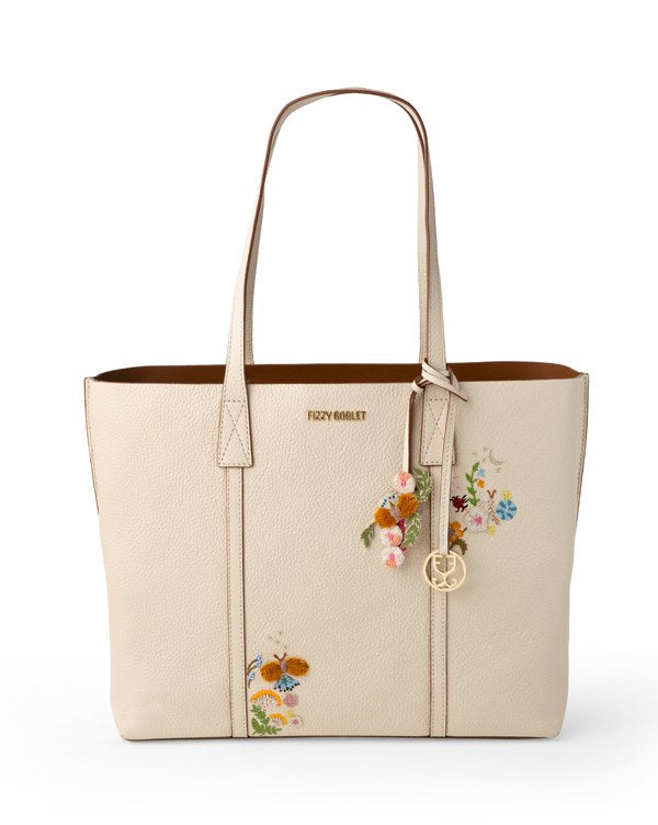 Fizzy Tote Leather Cream (With honeybee and floral embroidery)