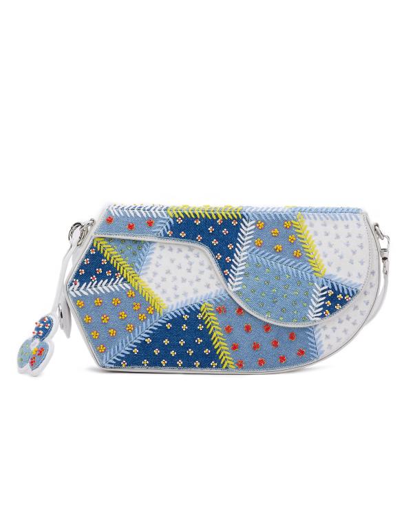 GEO Shoulder Bag Leather Denim Patchwork (With Beads Embroidery)