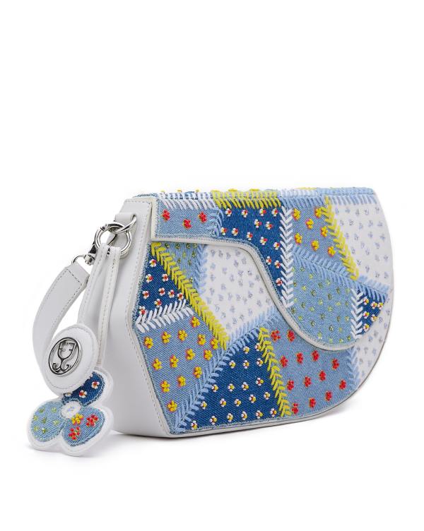 GEO Shoulder Bag Leather Denim Patchwork (With Beads Embroidery)