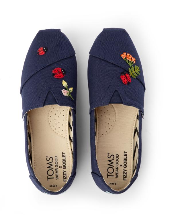 TOMS X Fizzy Goblet Zardozi Ladybird Navy Slip Ons