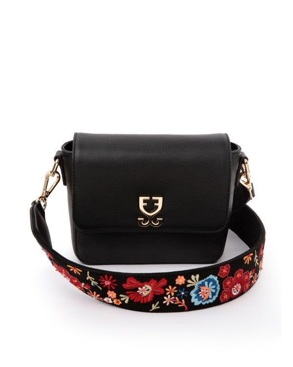 Mini Goblet Crossbody Vegan Leather  Black With Embroidered Strap