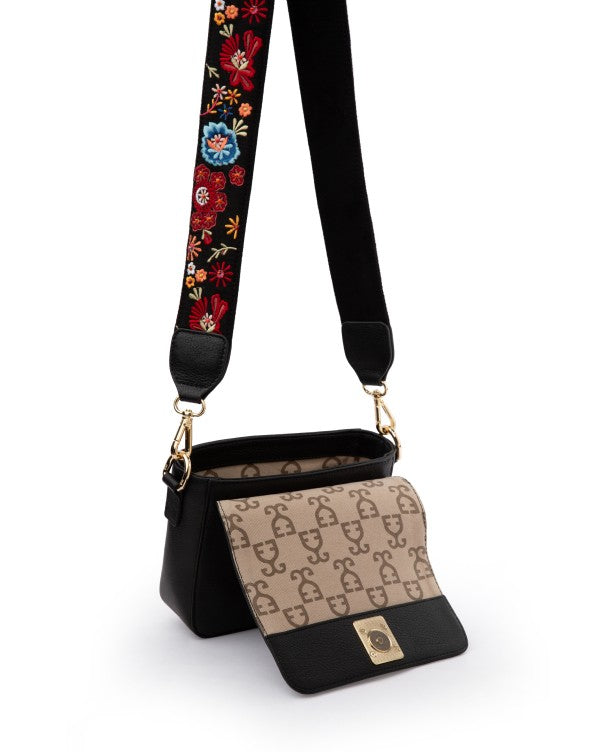 Mini Goblet Crossbody Vegan Leather  Black With Embroidered Strap