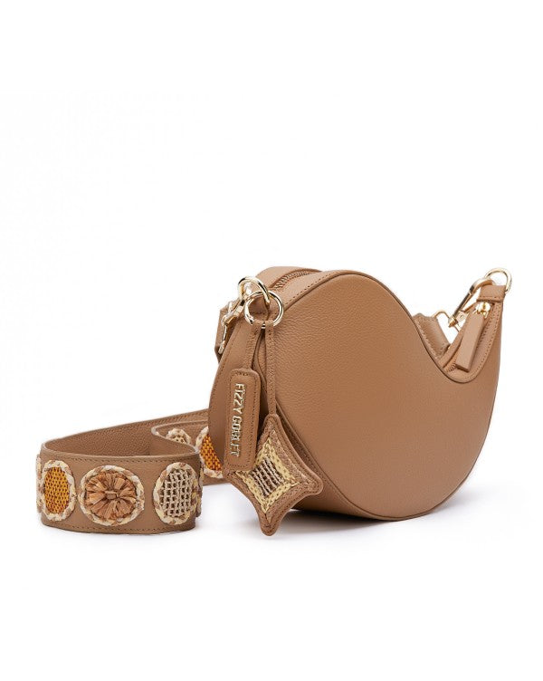 NEO Crossbody Bag Leather Tan With Raffia Belt