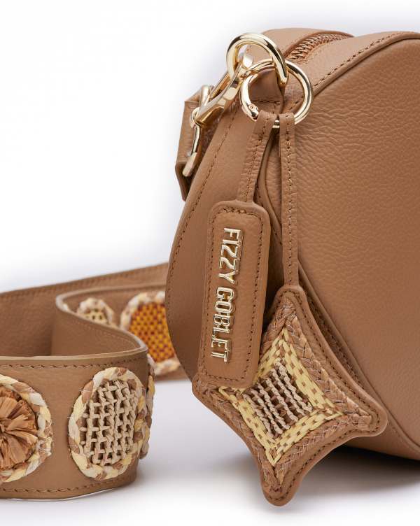 NEO Crossbody Bag Leather Tan With Raffia Belt