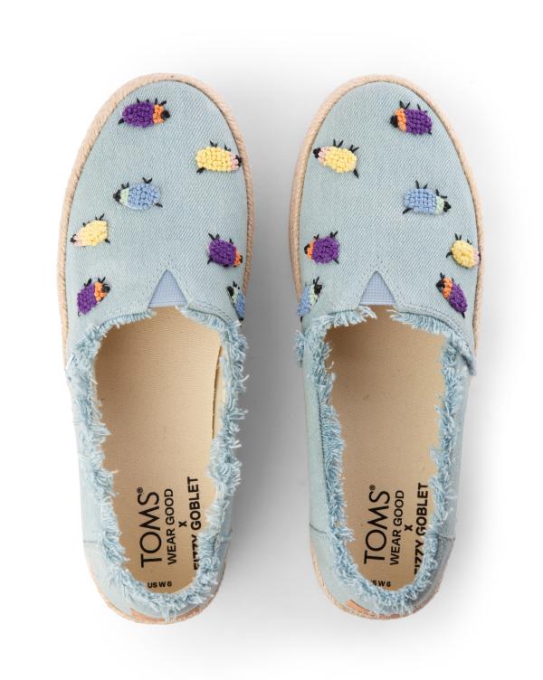 TOMS X Fizzy Goblet Knotted (Hand-embroidered) Sheep Blue Platform Espadrilles