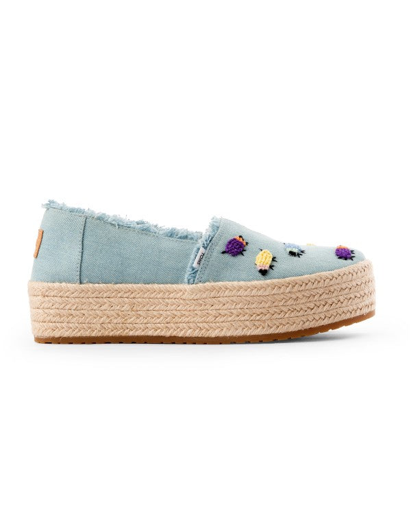 TOMS X Fizzy Goblet Knotted (Hand-embroidered) Sheep Blue Platform Espadrilles