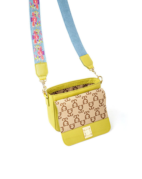 Mini Goblet Crossbody Leather Lime Green with Denim Straps