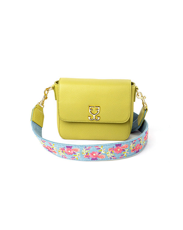 Mini Goblet Crossbody Leather Lime Green with Denim Straps